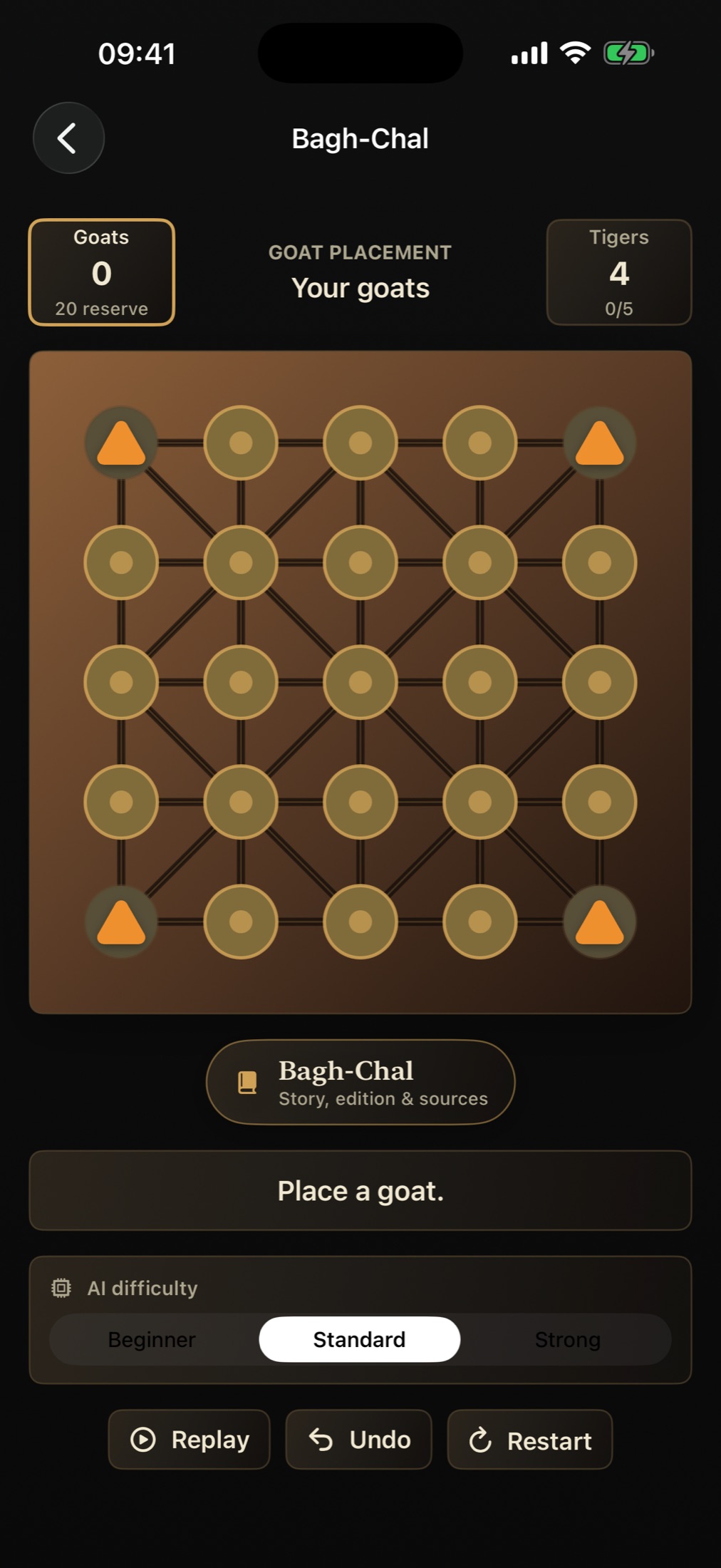 Forgotten Games Bagh-Chal app screen showing the digital tigers-and-goats board and play controls on iPhone