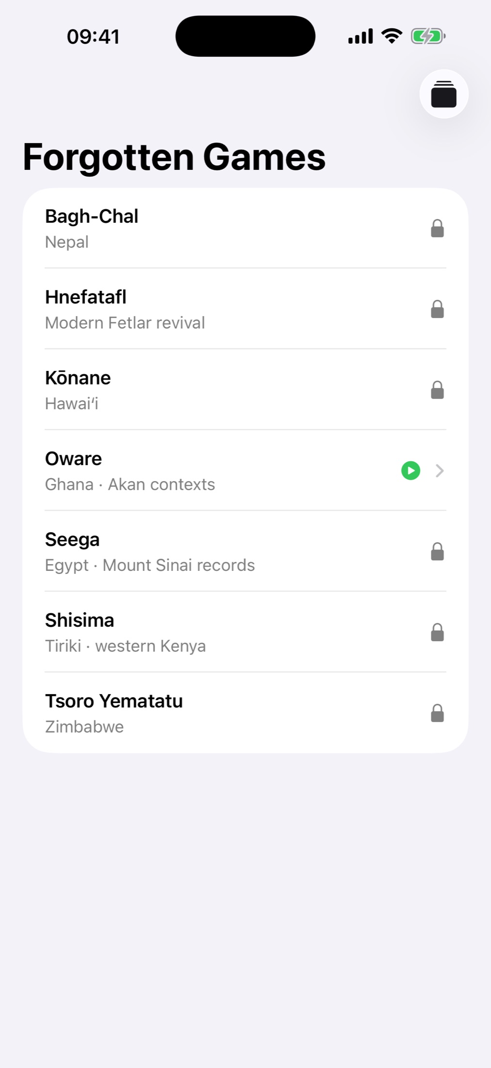 Forgotten Games collection screen on iPhone, with Oware free to play and six planned games