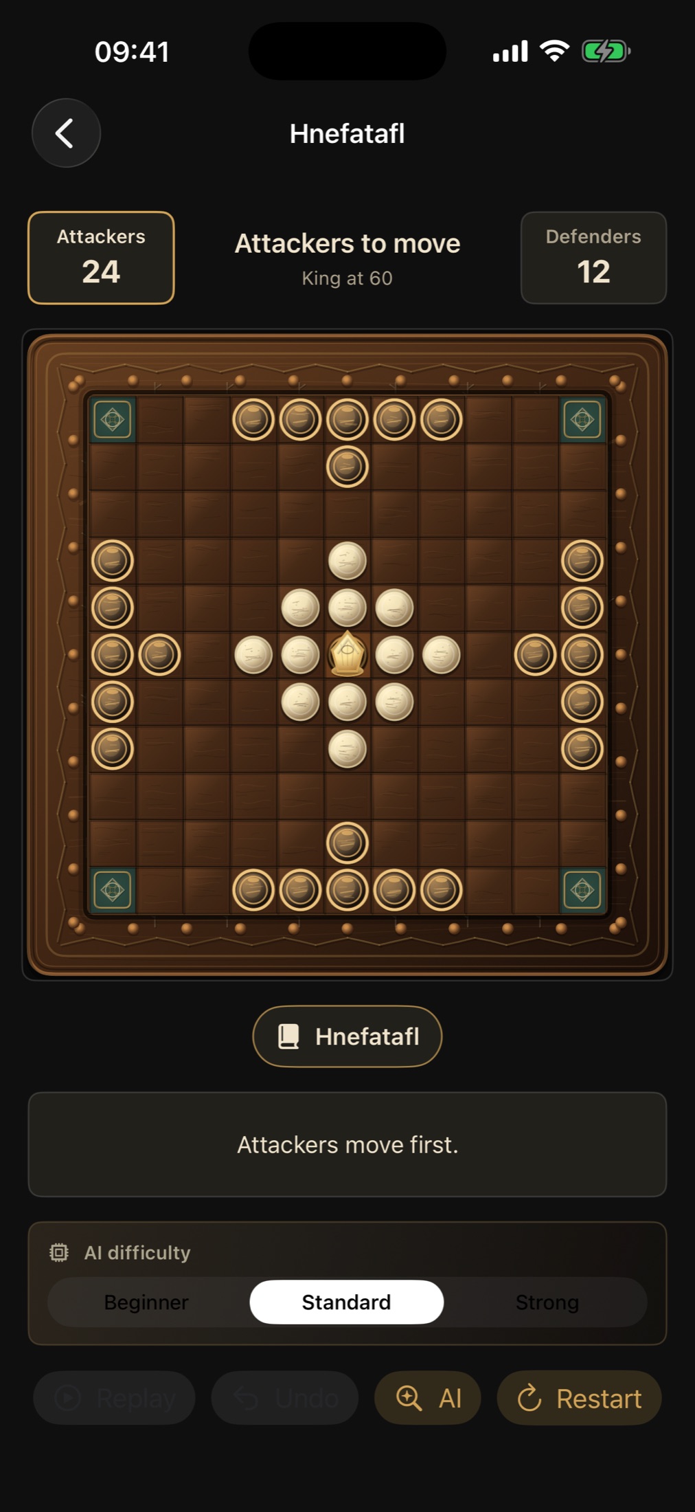 Forgotten Games Hnefatafl app screen showing the modern Fetlar digital board with attackers, defenders and king on iPhone