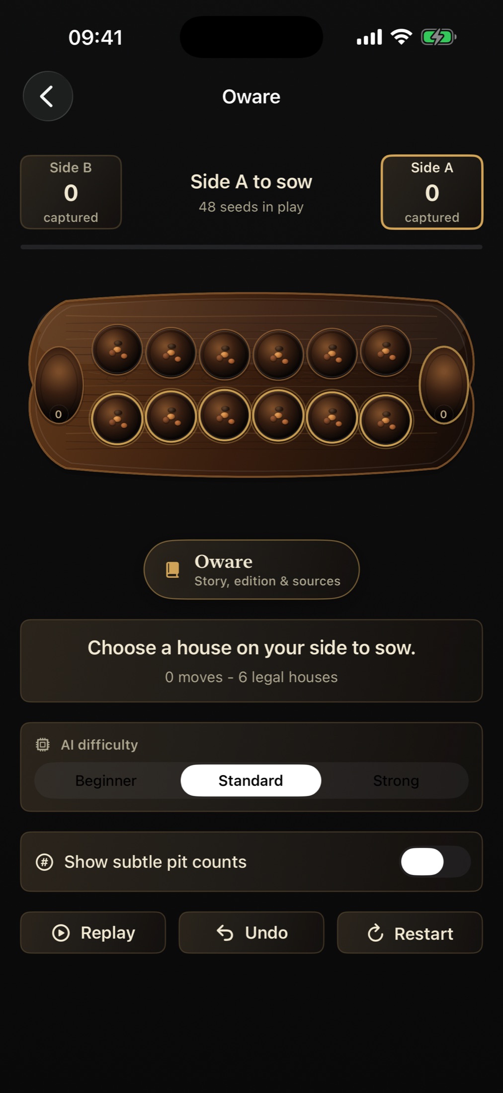 Forgotten Games Oware app screen showing a digital wooden sowing board, captured-seed counters and play controls on iPhone