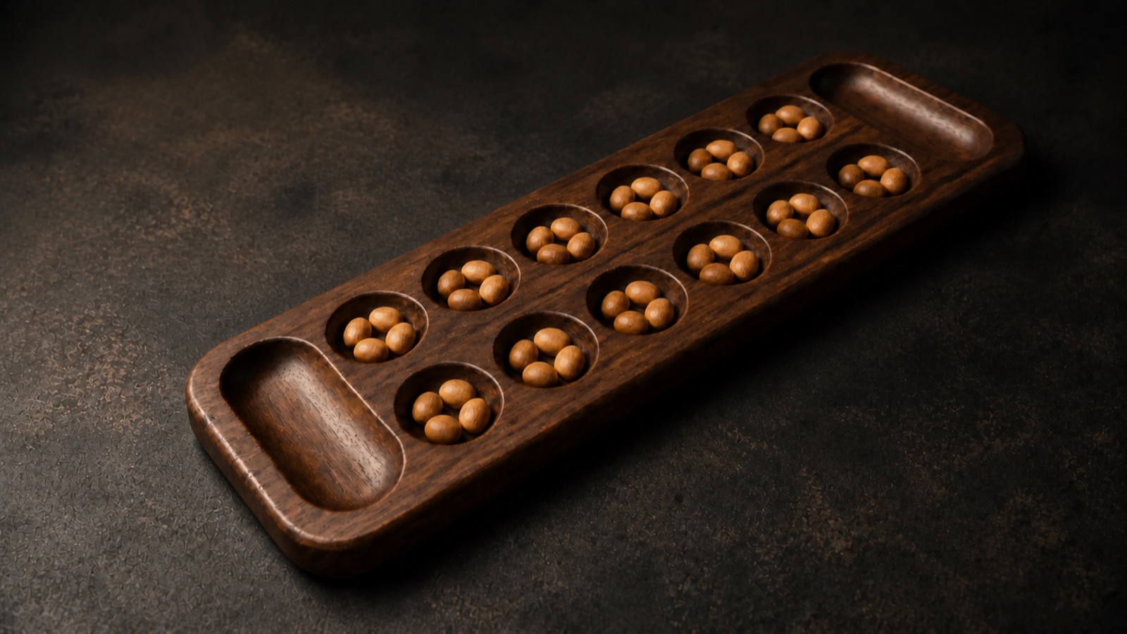 Contemporary material study of a two-row Oware board with four seeds in each of its twelve houses
