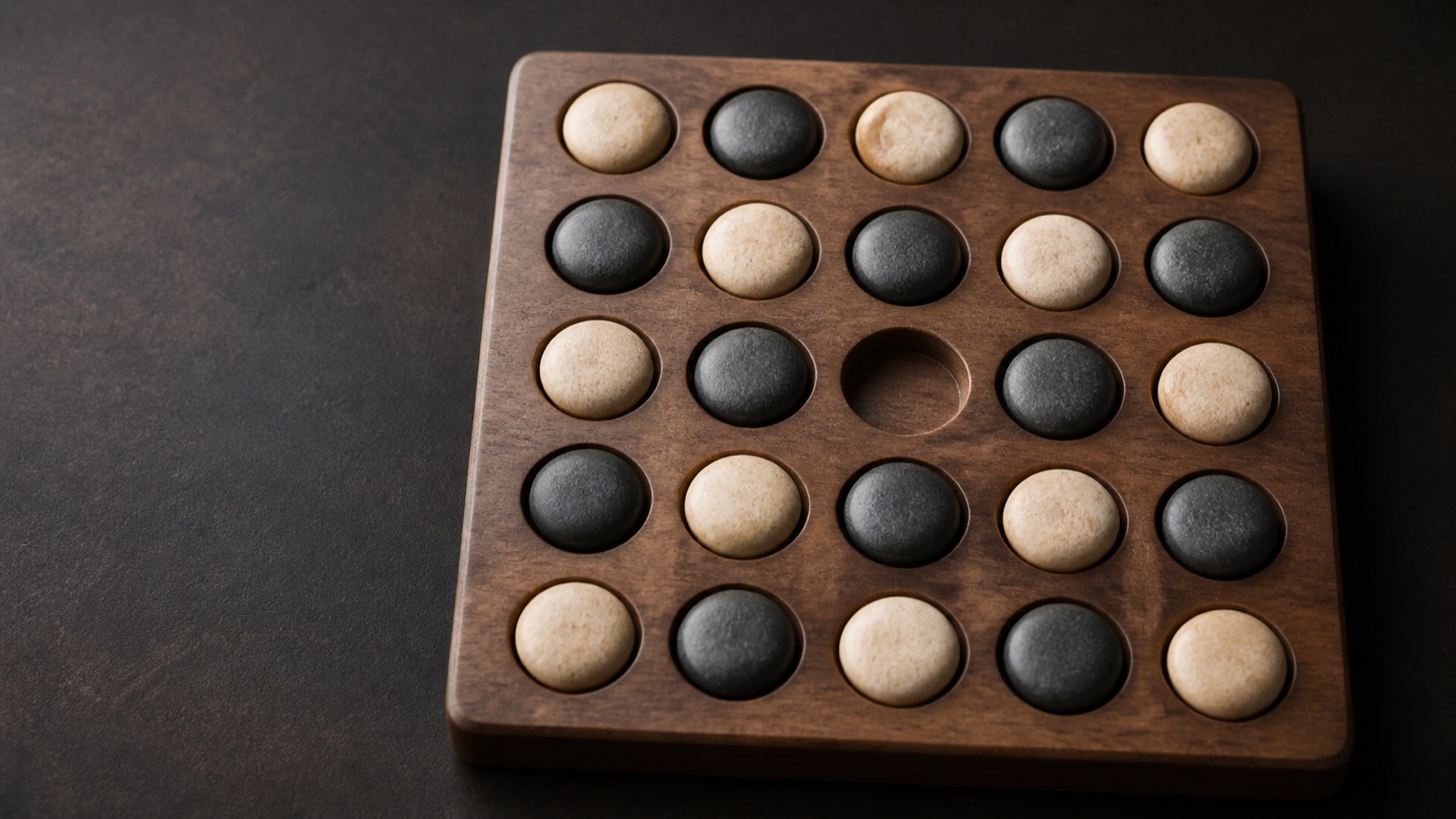 Contemporary material study of a five-by-five Seega board filled around an empty centre