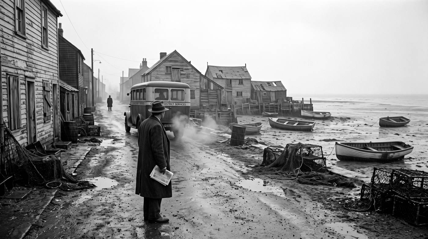 A man in a dark coat steps from a bus into a wet coastal town, a telegram in his hand.