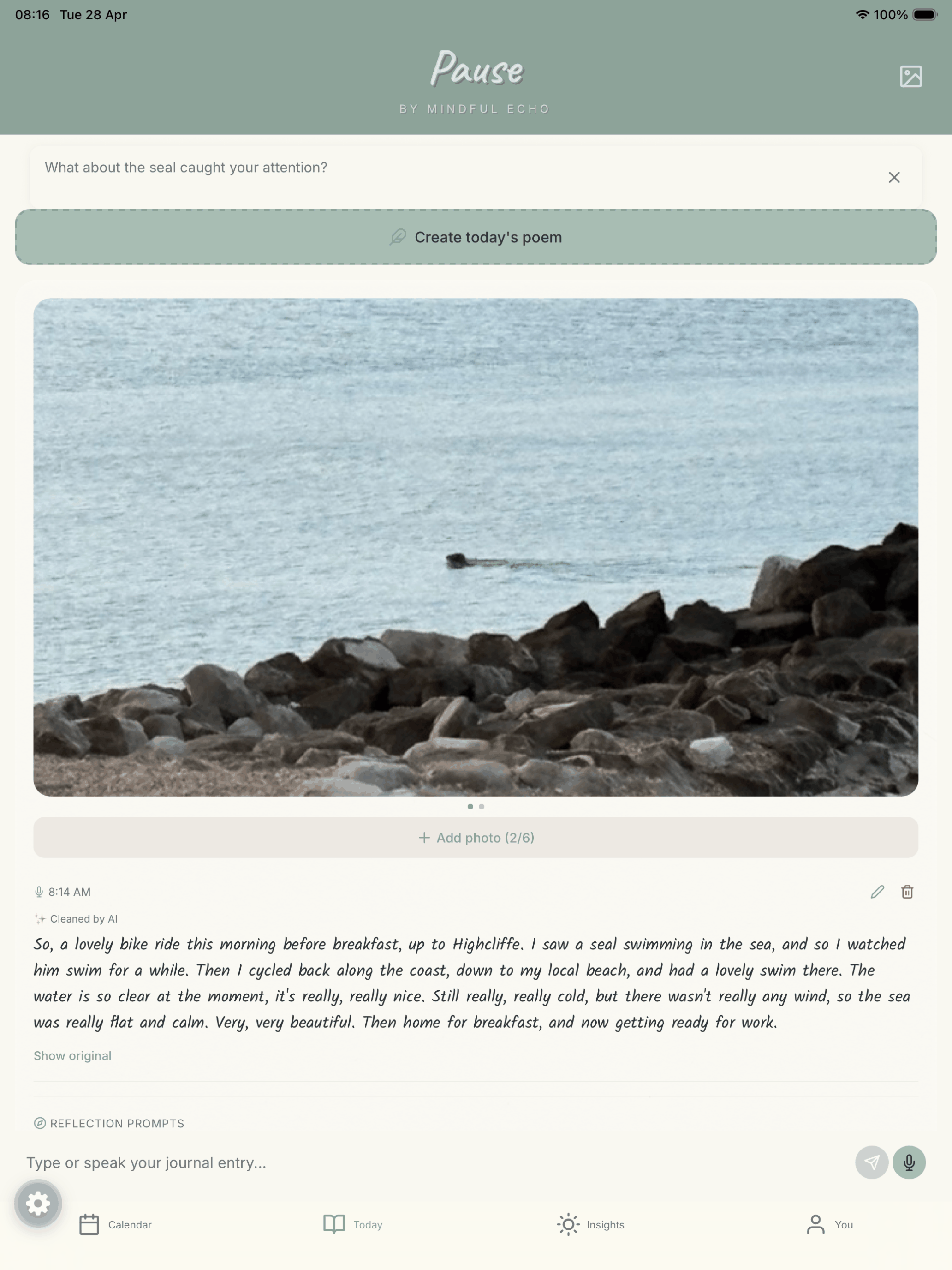 Pause app daily journal entry with photo and poem